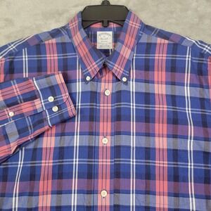 Brooks Brothers Regent Blue Pink Plaid‎ Cotton Long Sleeve Button Shirt Men's XL